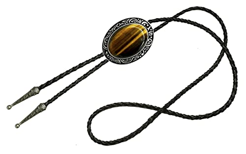 Image of Moranse Bolo Tie with Natural Tiger Eye Stone Celtic Style Genuine and Cowhide Rope