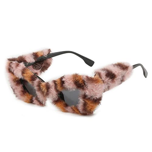 Lunettes de soleil pelucheuses en peluche pour femme - Tendance - Fait à la main - En velours - Pour bal masqué - Style punk - En fourrure douce, imprimé léopard