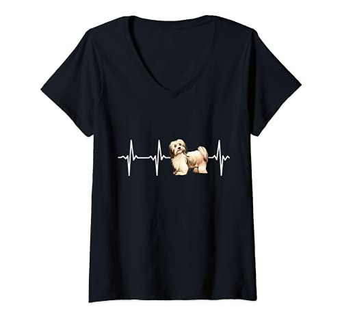 Womens Havanese Heartbeat Love My Dog V-Neck T-Shirt, Black