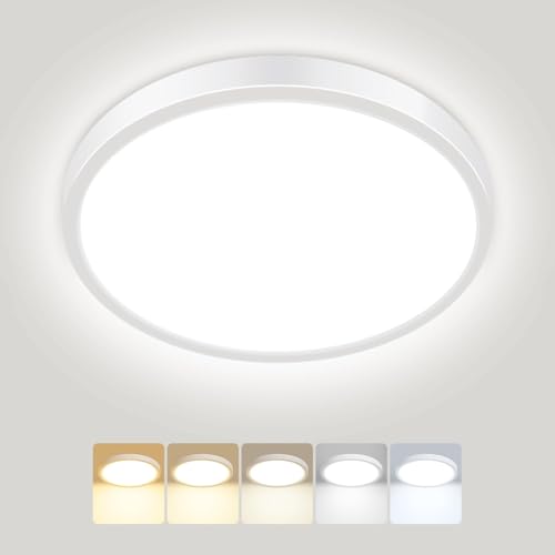 Image of Peasur Flat LED Ceiling Light, 5 Colours, 3000 /3500 /4000 /5000 /6500K, IP54 Waterproof Bathroom Light Fixture, 15 W Modern Round Ceiling Light for Bathroom, Hallway, Bedroom, Basement, Living Room