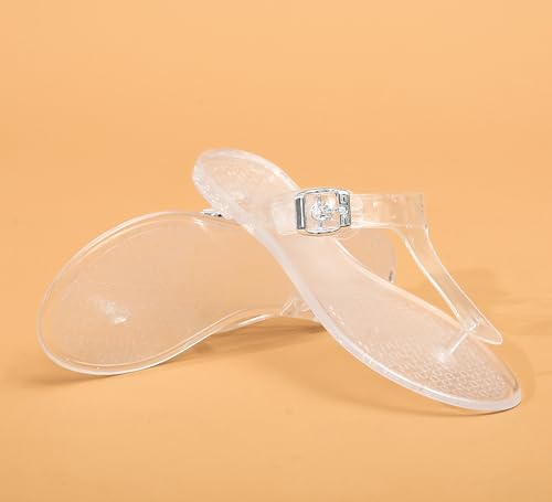 Women Sandals Thong Flip Flops Jelly Shoes Adjustable T-Strap Jellies Flats Clear Dress Slipper Summer Beach Pool Slides Size 10 Slip On Quick Dry Soft4