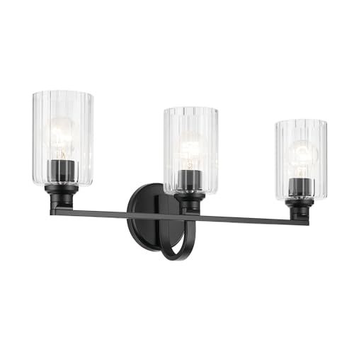 Image of Kichler Gioe 24.25 inch 3-Light Bathroom Vanity Light Fixture with Clear Fluted Glass in Black, Modern Wall Mount Over Mirror for Powder Room, Damp Rated (24.25 inch W x 10.5 inch H), 55226BKFLU