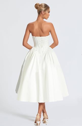 Strapless Satin Wedding Dresses for Bride Tea Length A Line Prom Dress for Women Pleated Formal Cocktail Party Gown4