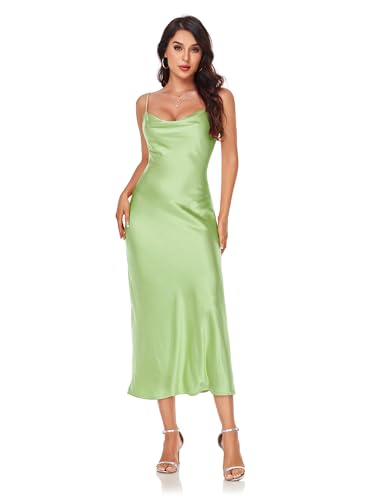 Image of Women's Spaghetti Strap Midi Satin Silk Dresses Slip Cowl Neck Party Cocktail Evening Sexy Dress