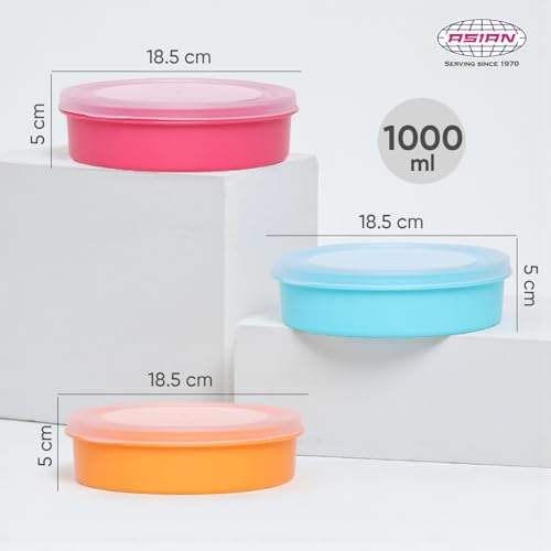 Image of Asian Plastowares Plastic Papad Box Set (1000ml Each) | Airtight Kitchen Storage Container for Papad,Khakhra, Snacks & Dry Fruits | Food Grade BPA Free Plastic | Round Storage Box with Lid |Set of 3