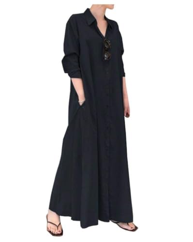 Image of Ladyful Women's Cotton Linen Maxi Dress Summer Long Sleeve Shirt Dress
