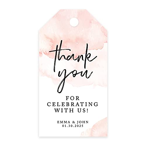 Andaz Press 100-Pack Personalized Thank You for Celebrating with Us Wedding Favor Tags with Bakers Twine Coral Brushed Watercolor Custom Cardstock Wedding Gift Tags for Party Favors 2 x 3.75-Inches