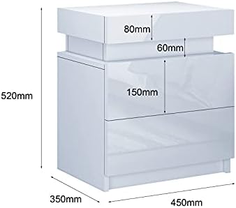 AWOOOD Sofa Side Tables High Gloss Bedside Tables 2 Drawers with Led Light Wooden Side Table End Table for Living Room, White