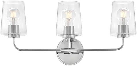 Lark Kline Three-Light Bath Vanity, Tapered Clear Glass Shades, Mount Up or Down, Chrome Finish