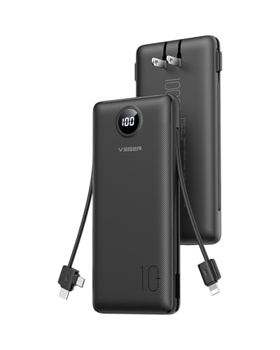 VEGER All in One Travel Portable Charger with Built-in AC Plug & Cables, 10000mAh Slim Power Bank Battery Pack, 15W Fast Charging for iPhone, Samsung, Android-Black