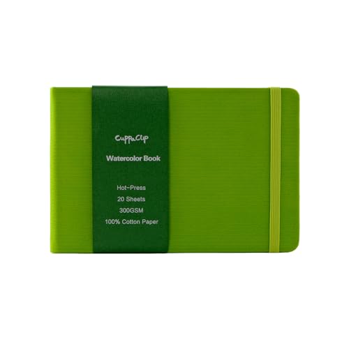 CuppaClip Watercolor Paper Cotton Hot-Pressed with Inner Pocket Watercolor Sketchbook Journal As Travel Notebook 300 GSM 140 LB (Green 8.26x5.82in)