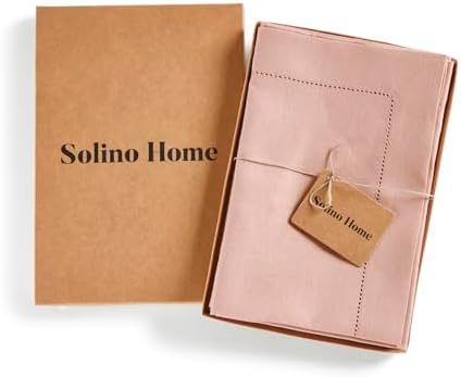 Solino Home Linen Napkins Set of 4 - Medium Weight 100% Pure Linen Hemstitch Misty Pink Dinner Napkins Cloth 20 x 20 Inch for Valentines, Spring, Easter - Handcrafted and Machine Washable