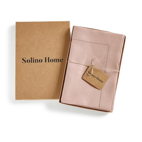 Solino Home Linen Napkins Set of 4 - Medium Weight 100% Pure Linen Hemstitch Misty Pink Dinner Napkins Cloth 20 x 20 Inch for Valentines, Spring, Easter - Handcrafted and Machine Washable