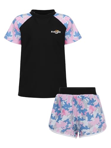 Kids Girls Short Sleeve Rash Guard Shirts with Swim Shorts Swimsuits UPF50+ Bathing Suit