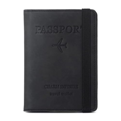Carteira Porta Passaporte de Viagem com Elástico PU Couro, Compartimentos para Cartões e Passaporte Organizador de Documentos (Preto)