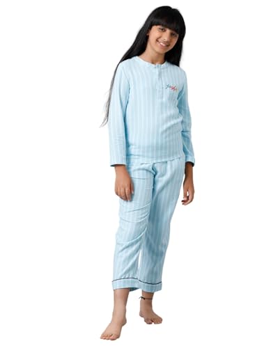 Image of Under Fourteen Only Girls Brushed Flannel Check Night Suit Set | Cotton Printed Mandarin Collar Top with Contrast Buttons & Piping | Full Sleeve Sleepwear with Elastic Waist Pants & Pockets
