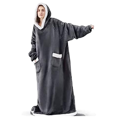 EAHOME Extra Long Hoodie Blanket Sweatshirt for Women and Men, Super Warm and Cozy Big Blanket Hoodie, Wearable Thick Flannel Blanket with Sleeves and Giant Pocket Dark Grey Cover