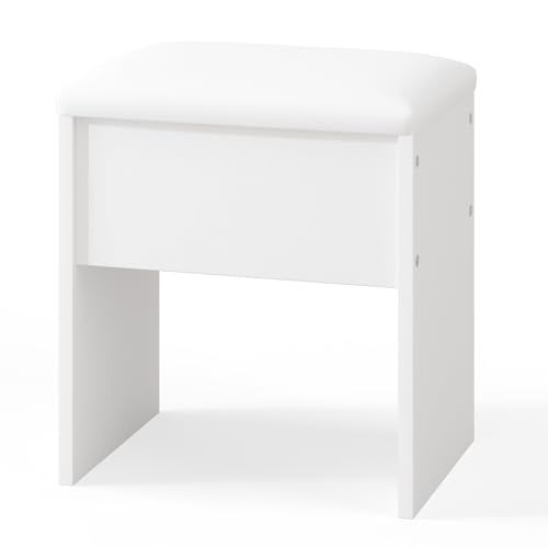 Image of LIVELYGLOW Small Makeup Vanity Stool,15.7 inch W x 10.2 inch D x 16.7 inch H，White（Easy Assembly,PU Cushion Mat, Footstool）