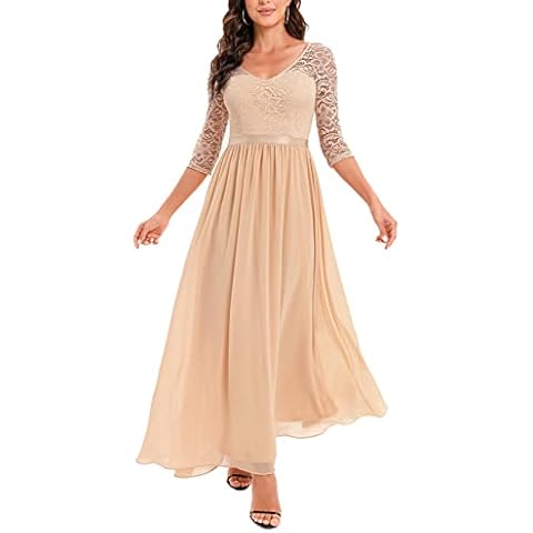 DRESSTELLS Damen Hochzeitskleider für Damen Chiffon Abendkleid Langarm Spitzen Brautjungfernkleid Lang Champagne L Cover