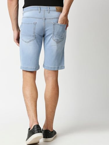 Image of HIGH STAR Men Blue Washed Mid-Rise Stretchable Denim Shorts (34)