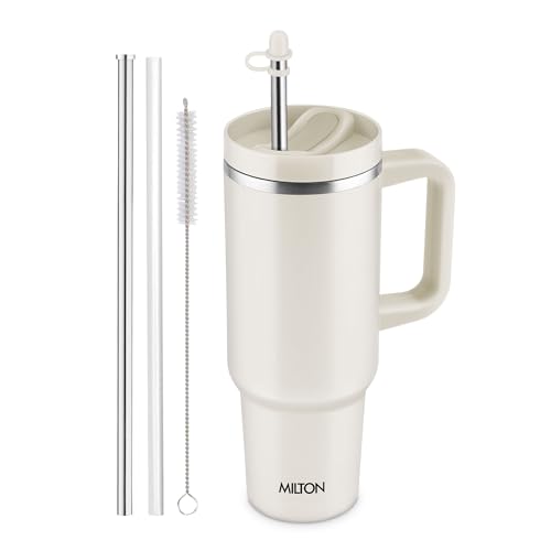 Image of MILTON Malmo 1200 Thermosteel Double Wall Vacuum Insulated Stainless Steel Water Tumbler with Handle 1100ml,Travel Mug with Straw,Silicon Cap,Cleaning Brush,Hot & Cold Beverage Flask, Cream