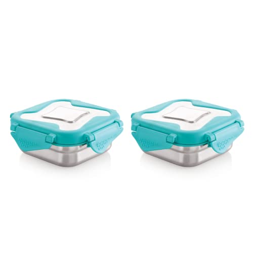 Image of STEELLOCK Smart Stainless Steel Tiffin Lunch Box for Kids and Adults | Airtight & Leakproof | Square Tiffin Box for School & Office with Steel Lid | Turquoise 360 ml 2 pc