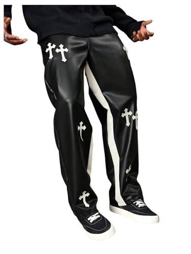 Men's Cross Graphic Hip Hop Pants Punk PU Leather Straight Leg Long Trousers with Pockets