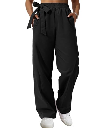 Women's Wide Leg Pants Y2K Trendy Elastic Waist Track Pants Baggy Tie Knot Trousers with Zipper Pockets Streetwear Casual