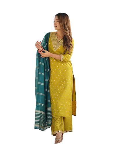 Image of Sanisa Women's Silk Blend Jacquard Straight Kurta with Pant and Dupatta Set