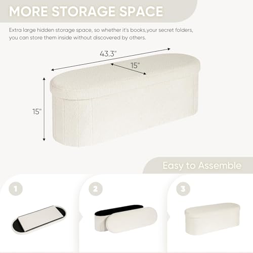 Image of B FSOBEIIALEO Ottoman with Storage for Living Room, Sherpa Folding Storage Ottoman Foot Rest, 43.3 Inches Collapsible Bedroom Bench White Cream