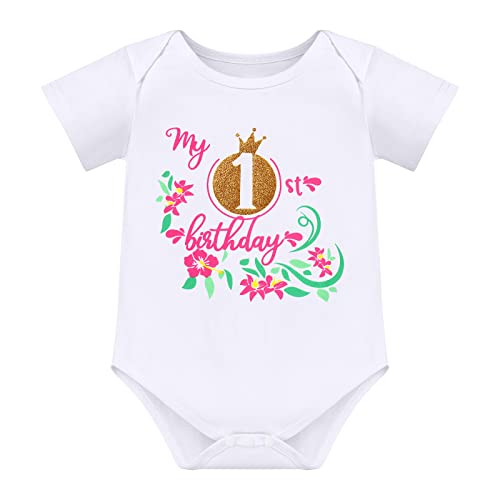 Baby Girl My 1St Birthday Outfit Cotton Short Sleeve Romper Bodysuit Princess Tutu Tulle Skirt Crown Headband 3Pcs Set One Year Old Party Cake Smash Photo Props Hot Pink - My 1St Birthday 1 Year #TOP1