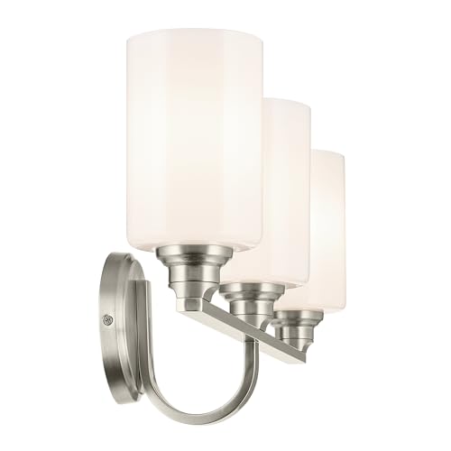 Image of Kichler Gioe 24.25 in 3-Light Bathroom Vanity Light Fixture with Opal Glass in Brushed Nickel, Damp Rated Modern Wall Mount for Mirror, Powder Room (24.25 in W x 10.5 in H), 55226NI