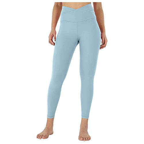 OYZ Leggings para mujer, cintura cruzada, pantalones de yoga, leggings de entrenamiento, correr, deporte, mallas de fitness, elástico, gimnasio, compresión, ropa deportiva, Color azul sólido., M