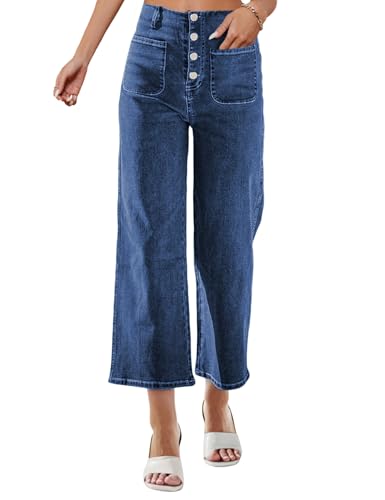 Omoone Wide Leg Jeans for Women High Waisted Stretchy Straight Leg Cropped Denim Pants Buttoned Baggy with Patch Pockets