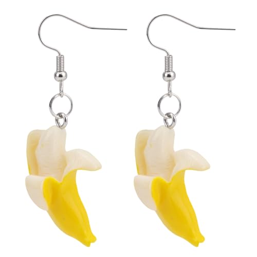 Banana Dangle Earrings 2.28in Cute Resin Fruit Food Jewelry 3D Fun Dangle Earrings for Women Fashion Accessories Kawaii Gift Funny Charm Decorations Banana Merch Merchandise Stuff (Yellow)