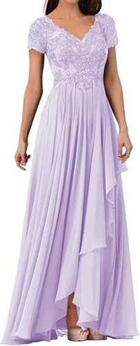 HUINI Mutter der Braut Kleider Langer V-Ausschnitt Damen Hochzeitsgäste Kleider Spitze Chiffon Formelle Abendkleider Flieder 44