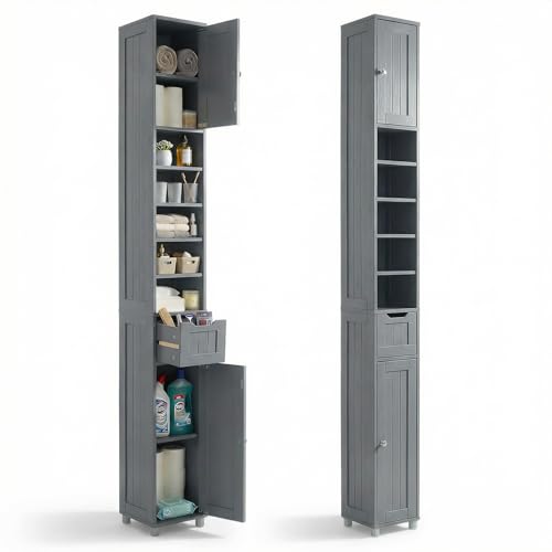 VOUNOT® Armario para Baño Alto Mueble Columna de Baño, Estanterías con 2 Puertas y 1 Cajón, Estantes Ajustables Espacio Abierto, Mueble Auxiliar de Almacenaje para Salón Dormitorio, 20x20x180cm, Gris