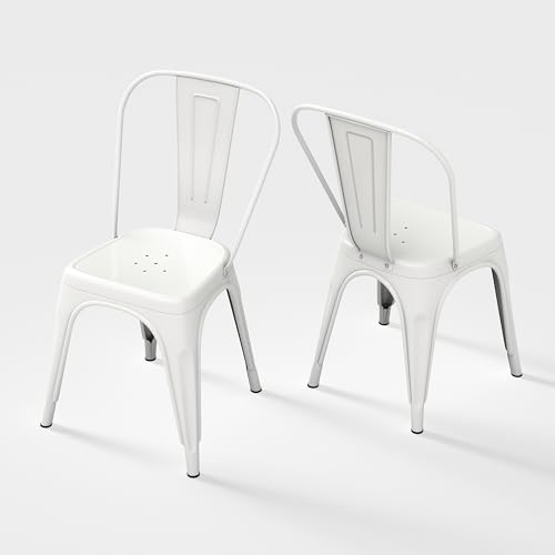 Image of Metal Dining Chairs with Backrest, Stackable, White, 2 Pack | Easy Assembly, Non-Slip Feet, 330 lb Capacity, Kitchen, Restaurant, Cafe, Pub, Covered Patio