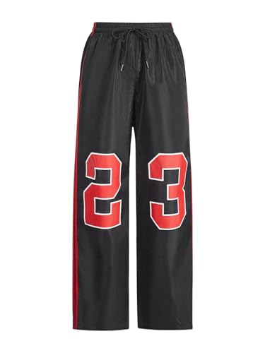Verdusa Women's Number Striped Wide Leg Baggy Long Pants Drawstring Waist Straight Trousers