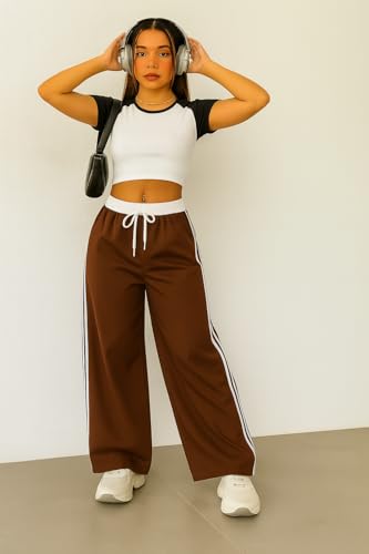 Image of SAKHWALA Women Track Pant | Women's Wide Leg Track Pants High Waist Drawstring Sweatpants with Side Stripes, Casual Loose Fit Lounge Joggers, White
