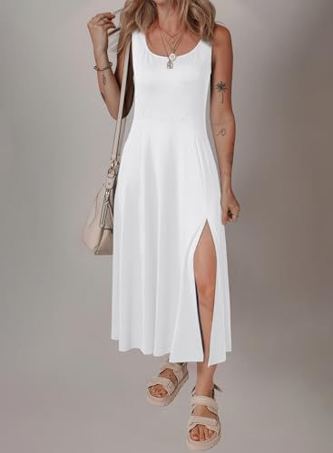 Acelitt Summer Dresses for Women 2025 Casual Crew Neck Sleeveless Sundresses Beach Vacation Clothes with Pockets White Large - Image 3