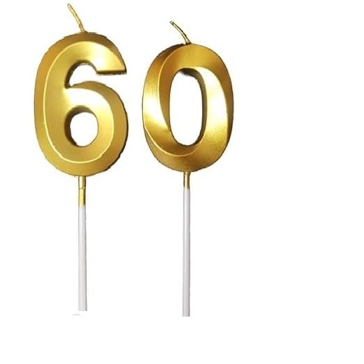 Image of ToyUniverse Number 60 Gold Candle | Sixty Number Candle | Number 60 Metallic Gold Candle for Sixtieth Birthday,Anniversary, Surprise Party Cake Decoration Candle (Pack of 2,Number 60)