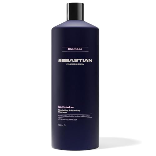 Frasco de 1 litro do shampoo Sebastian Professional No Breaker na cor azul marinho com rótulo informativo