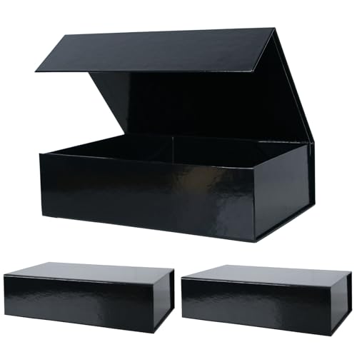 Aimyoo 3 Pack Black Collapsible Gift Box with Magnetic Closure Lids 13.8x9x4.3 in, Bridesmaid Groomsmen Proposal Box, Large Rectangle Box for Present Graduation Wedding Storage