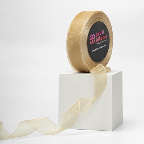 Image of Bells&Whistles Sheer Organza Ribbon | Pack of 2 | Length: 50 Yards Width: 1 inch | Christmas, Festive Decoration. (Cream Gold)