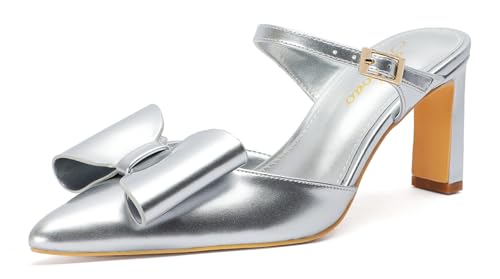 Heels for Women Closed Toe Bowkont Pumps Sexy Pointed Toe Ankle Buckle Strap Slip On Chunky Mid Heels Wedding Bridal Party Shoes