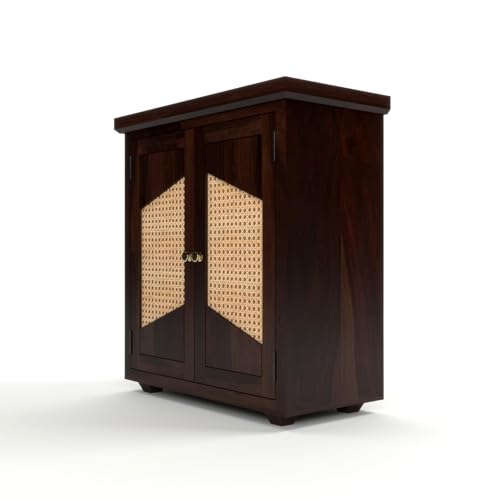 Image of Solid Sheesham Wood Sideboard Cabinet for Living Room | Wooden Storage Cabinet with 2 Designer Cane Doors & Shelf | Modern Geometric Rattan Sideboard for Home (Walnut Finish)