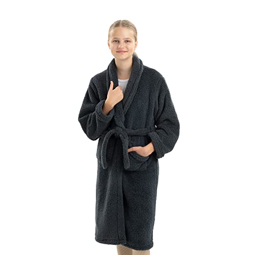 HOMELEVEL Kuschelfleece Bademantel für Kinder - Sherpa Morgenmantel mit Taschen Schalkragen Gürtel - Kinderbademantel für Jungen und Mädchen Cover