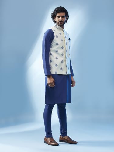 Image of KISAH Men's Kurta Jacket Churidar Set, Sea Green Art Silk, Embroidered Long Sleeves Regular Fit Mandarin Collar