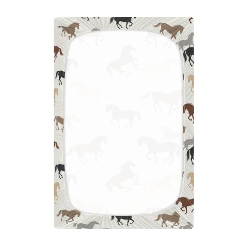 Image of Horses Beige Fitted Crib Sheet for Boys Girls Baby Mini Crib Sheets Fitted for Toddler Bed,52 X 28 in
